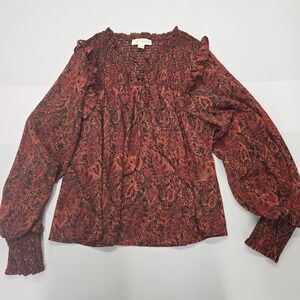Treasure & Bond Womens L Red Paisley Smocked Ruffle Blouse Metallic